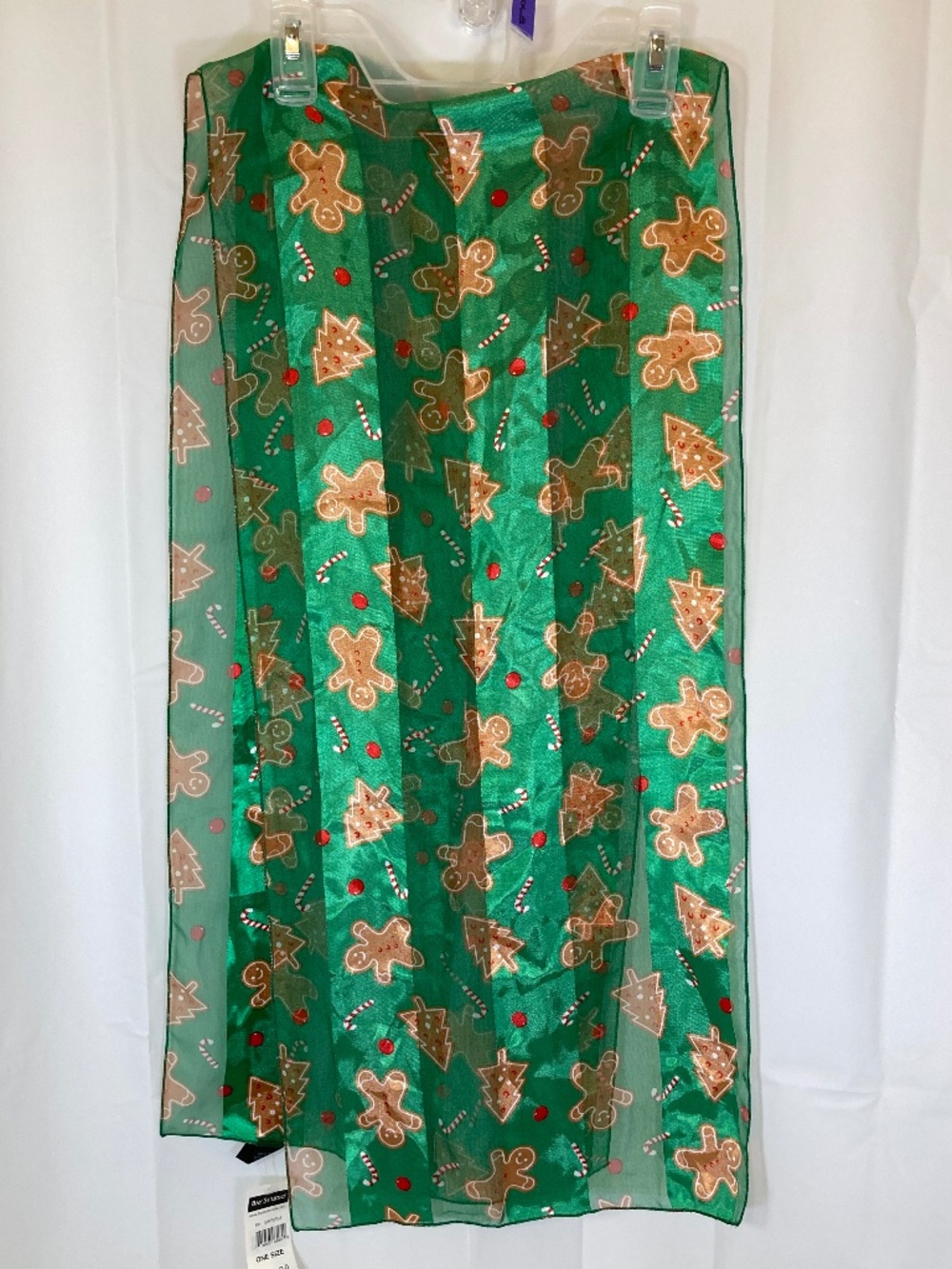 Christmas Scarf Green Silk Feel Gingerbread All Over Print NWT Bay Studio